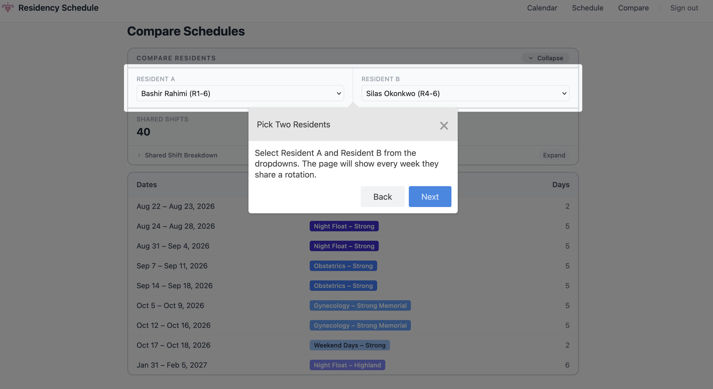 The compare page, during the walk-through